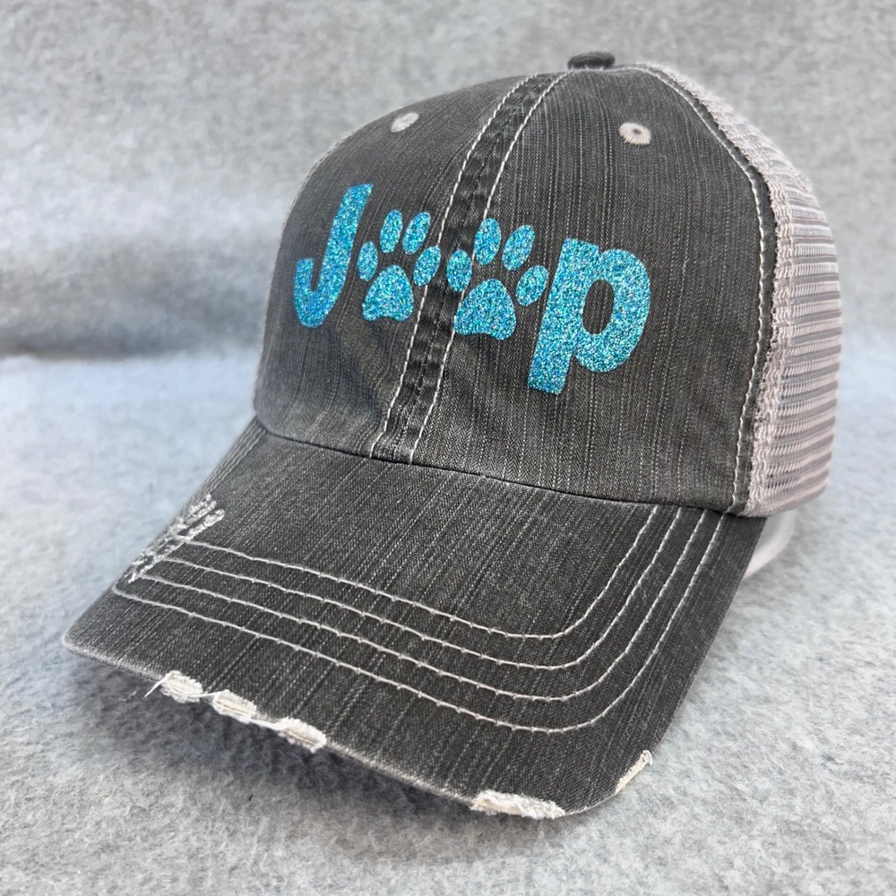 Jeep Paw Print Women Gray Jeep Trucker Hat Glitter Distressed OSFA